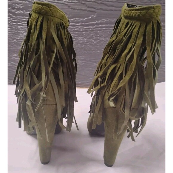 Green Suede Layerel Fringe Chunky Heels Boho Booties Shoes Boots Phoebe 11 Sz 6 - Picture 3 of 8